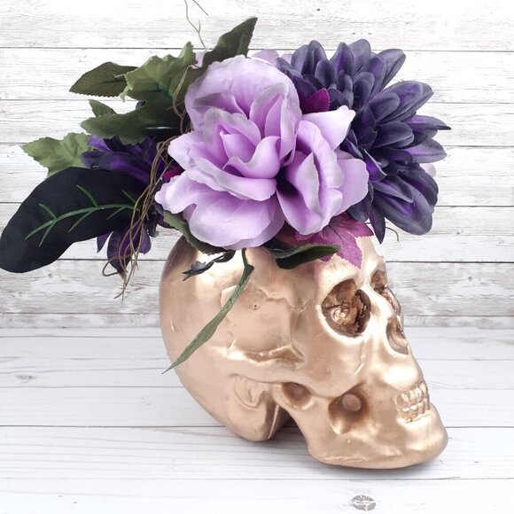 Halloween Gold Skull Faded Purple Flowers Wicked Garden - Picture 4 of 5
